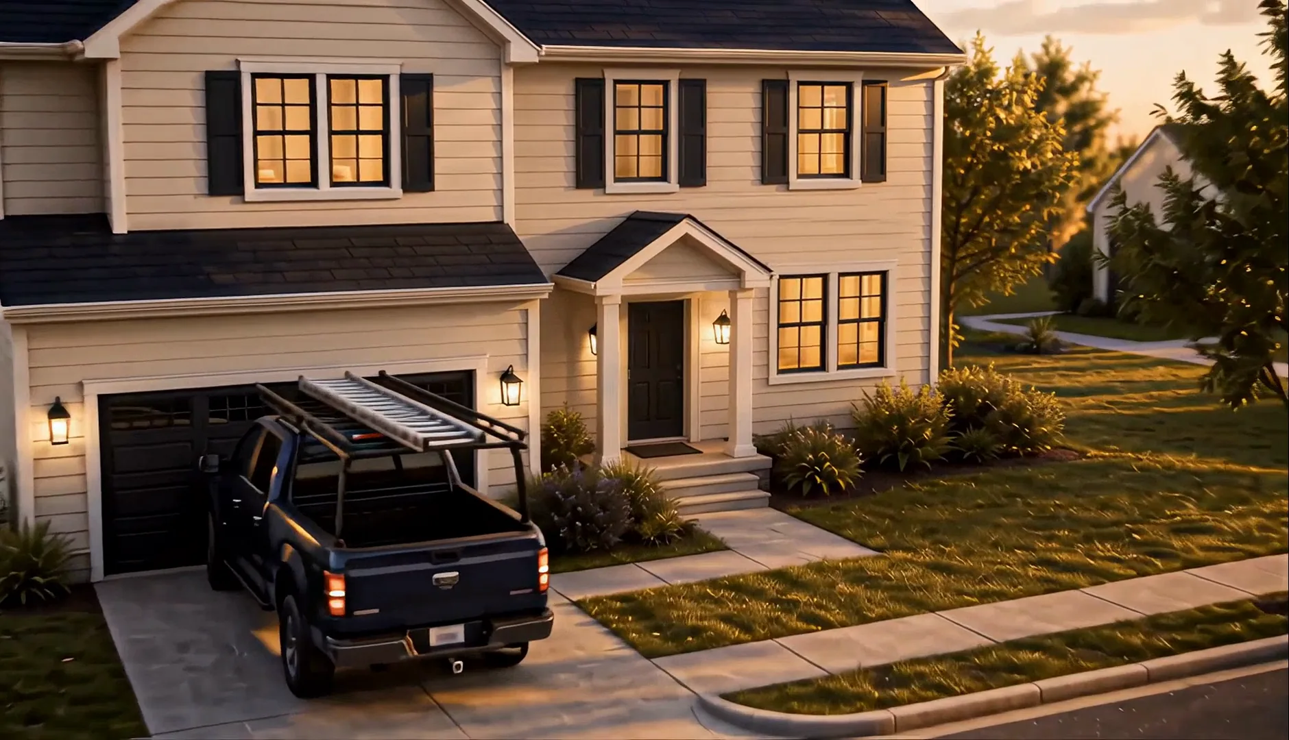 Pickup truck arriving at a house at dusk for an at-home consultation
