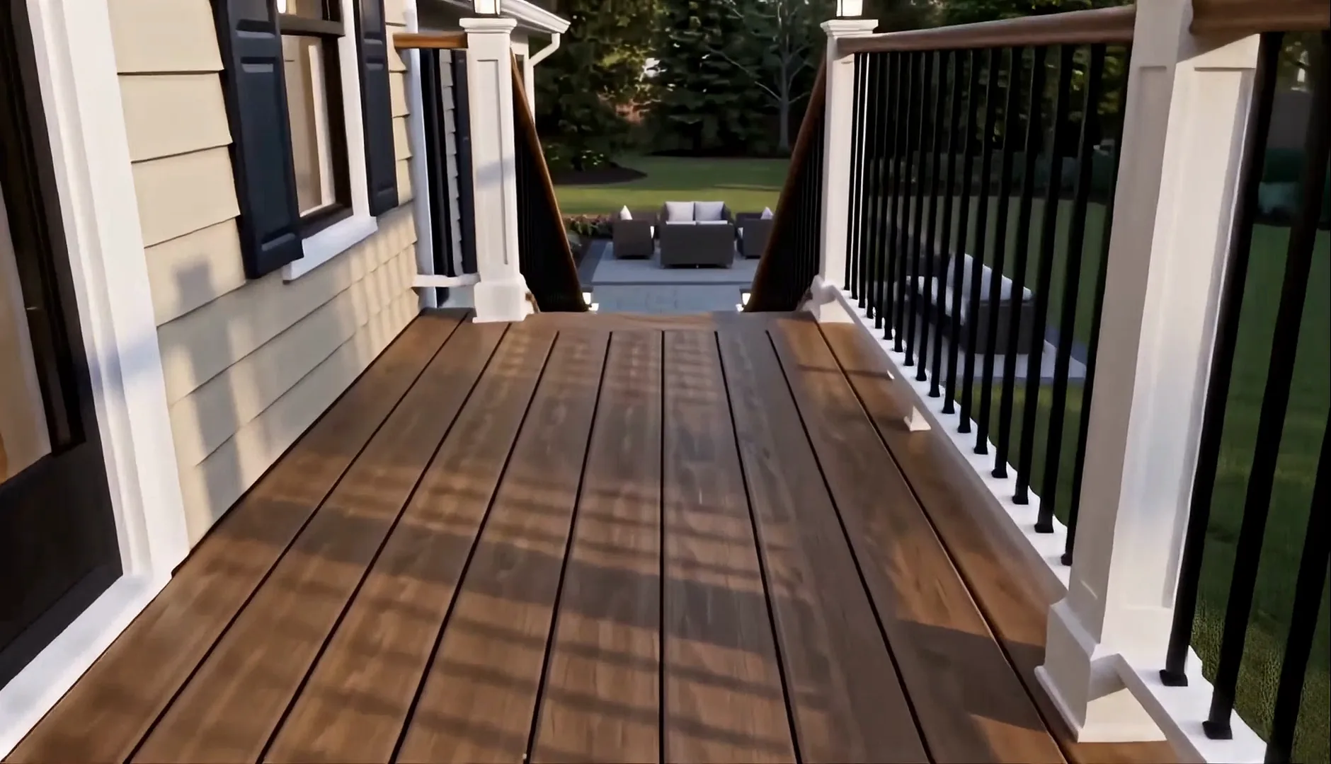 Composite deck with white posts and black spindles looking out to a patio