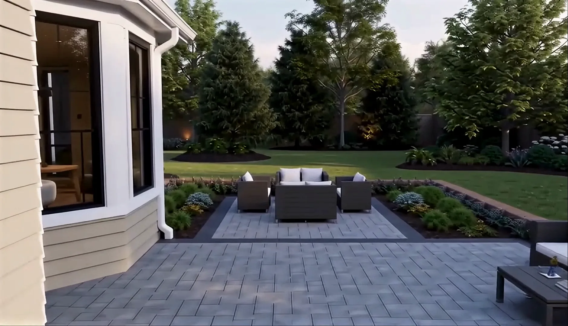 Concept visualization of a coordinated composite deck and patio at dusk